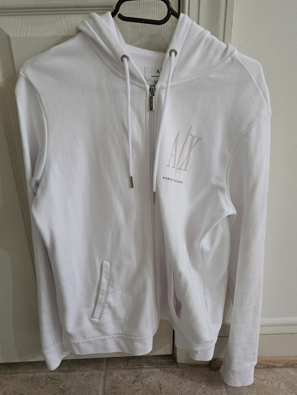 Armani Exchange White Womens  Zip-Up Hoodie with Logo Detail